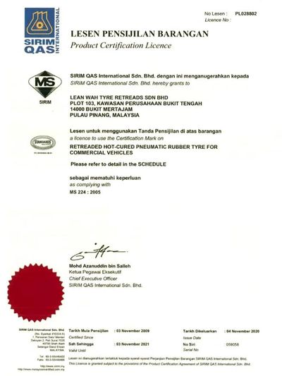 SIRIM Product Certification Licence - Retreaded Hot-cured