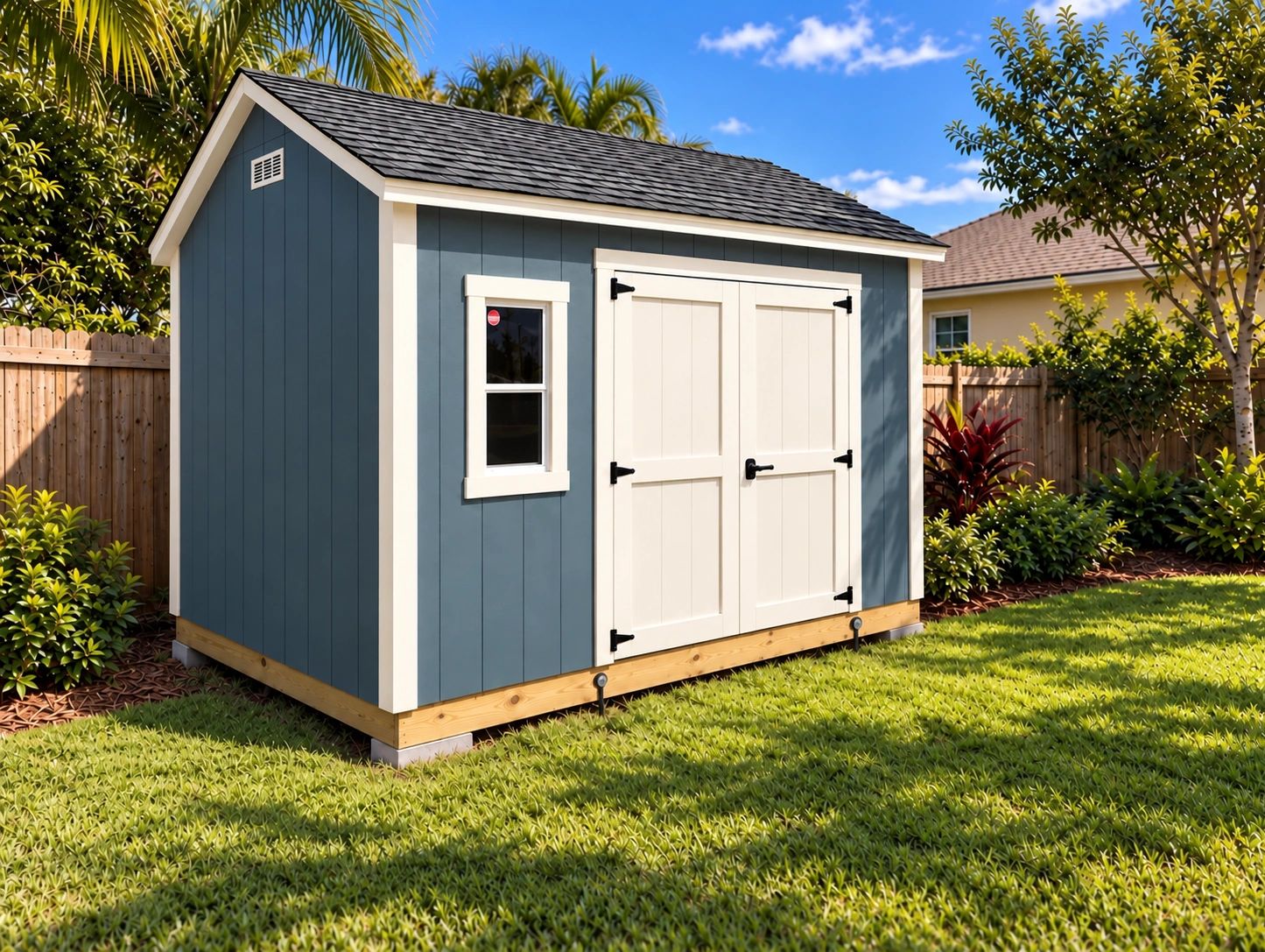 Fully painted, site-built backyard storage shed in Florida.