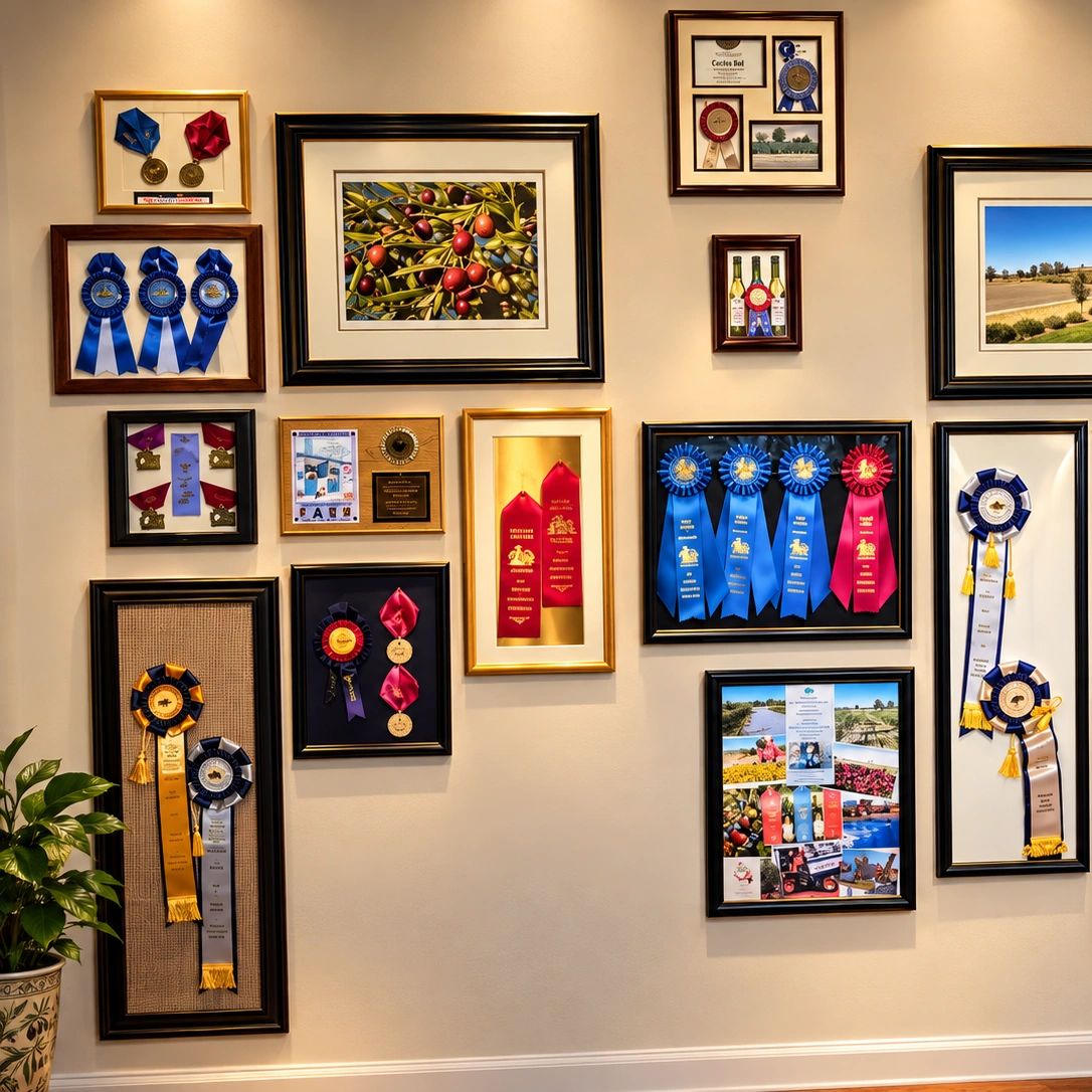 Wall display of framed ribbons, medals, and awards.