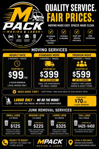Moving and labor service pricing and details.