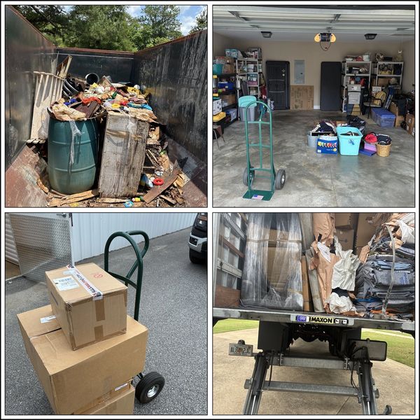 Four images showing junk removal, sorting, packing, and moving process.
