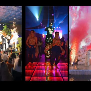 Tres imágenes de shows con luces y fuego artificiales.