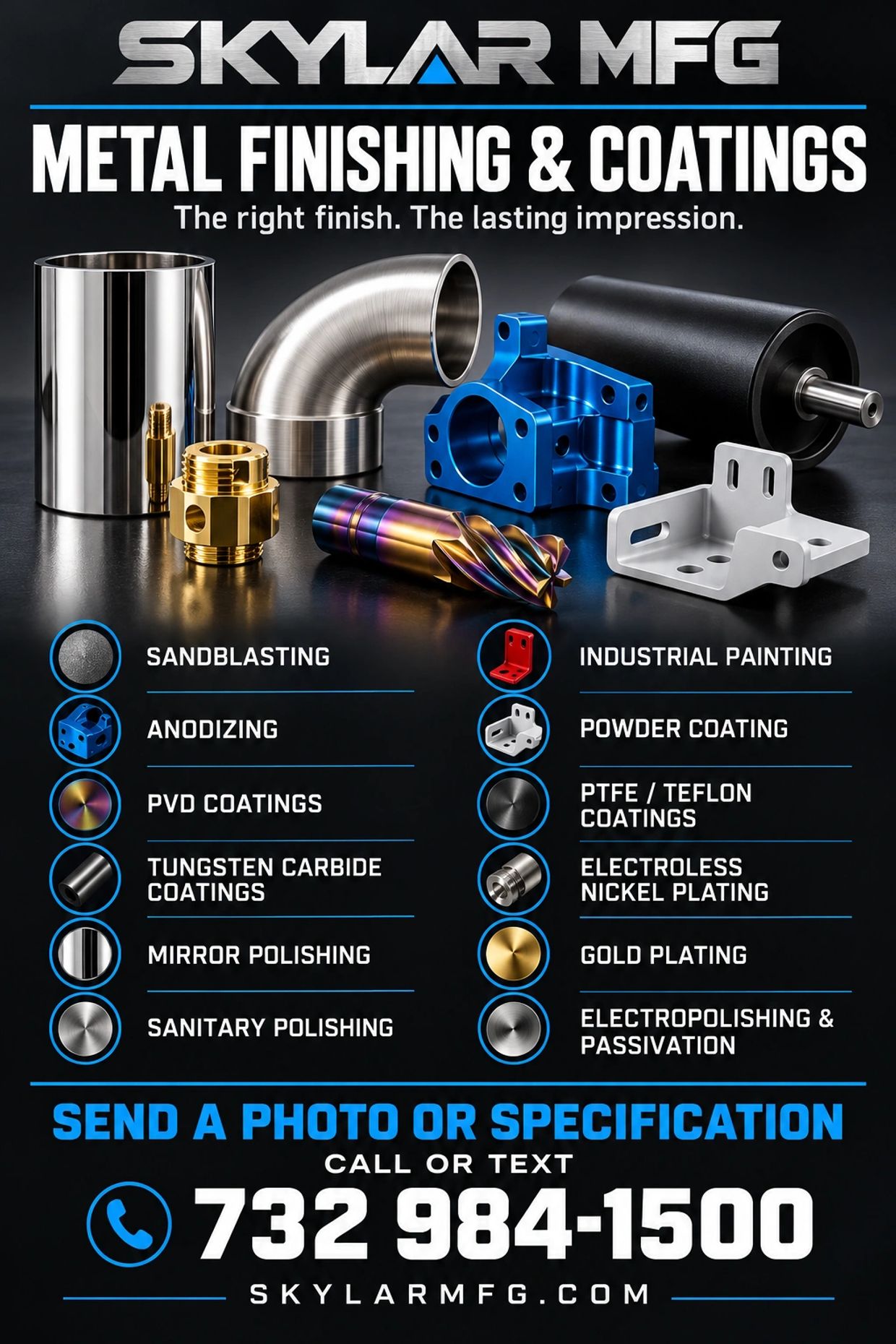 Skylar MFG offers diverse metal finishing and coating services with contact info.