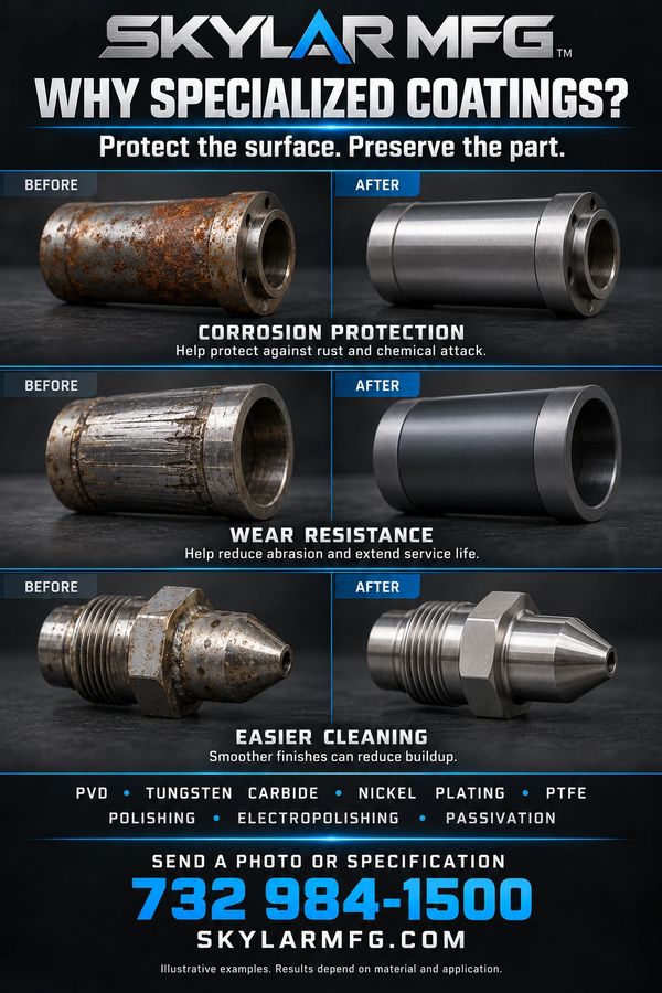 Before and after images showing protected metal parts by Skylar MFG coatings.