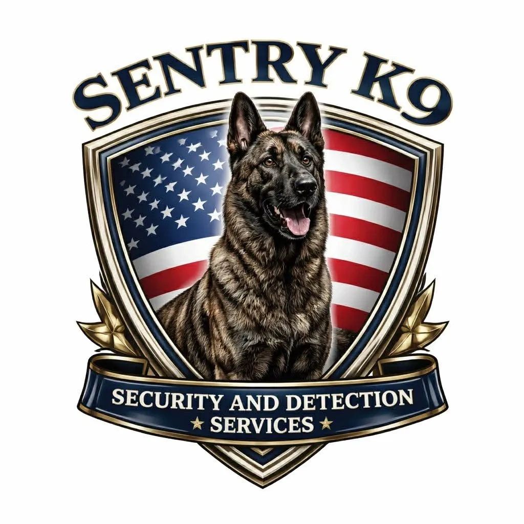 Logo of Sentry K9 security with a Dutch Shepherd and American flag.