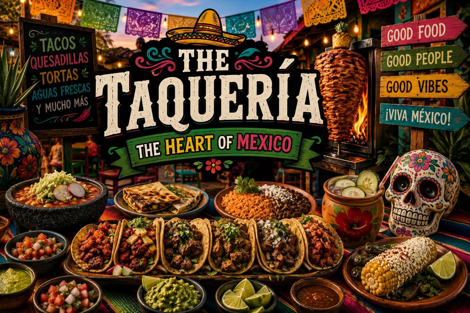 Colorful Mexican food spread with tacos and decorations.