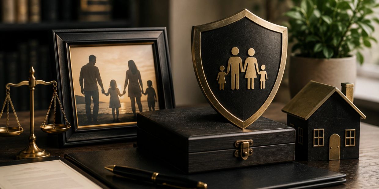 A desk with family-themed legal symbols and a framed photo of a family at sunset.