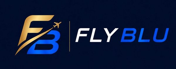 FlyBlu logo with stylized FB and an airplane motif in gold and blue.