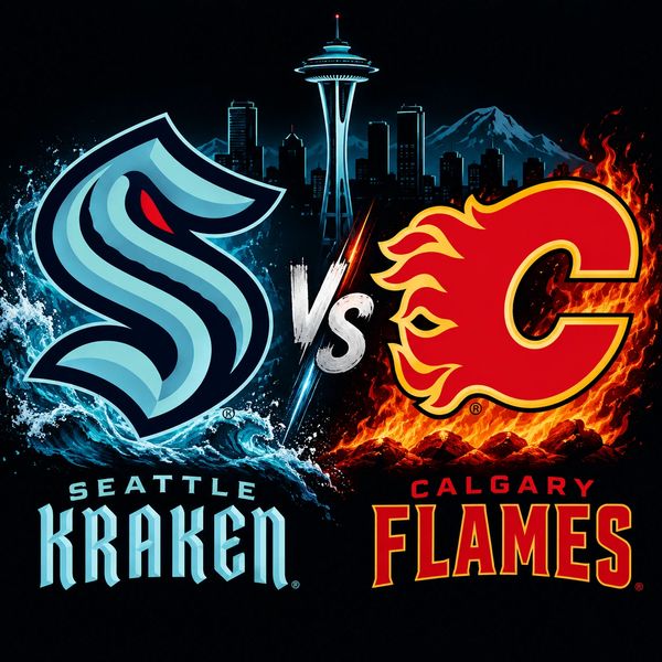 Seattle Kraken vs Calgary Flames hockey game logo.