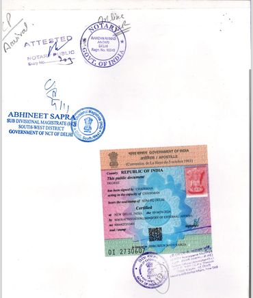 Official document certified by Indian government authorities with multiple stamps and signatures.
