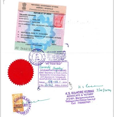 Indian apostille certificate with multiple official stamps and signatures.