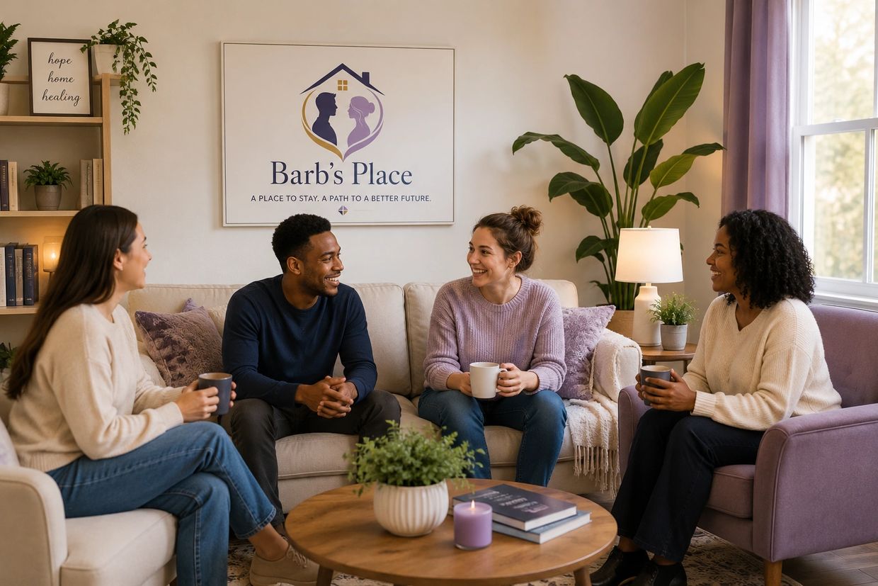 Four people sitting in a cozy room, chatting and holding mugs.