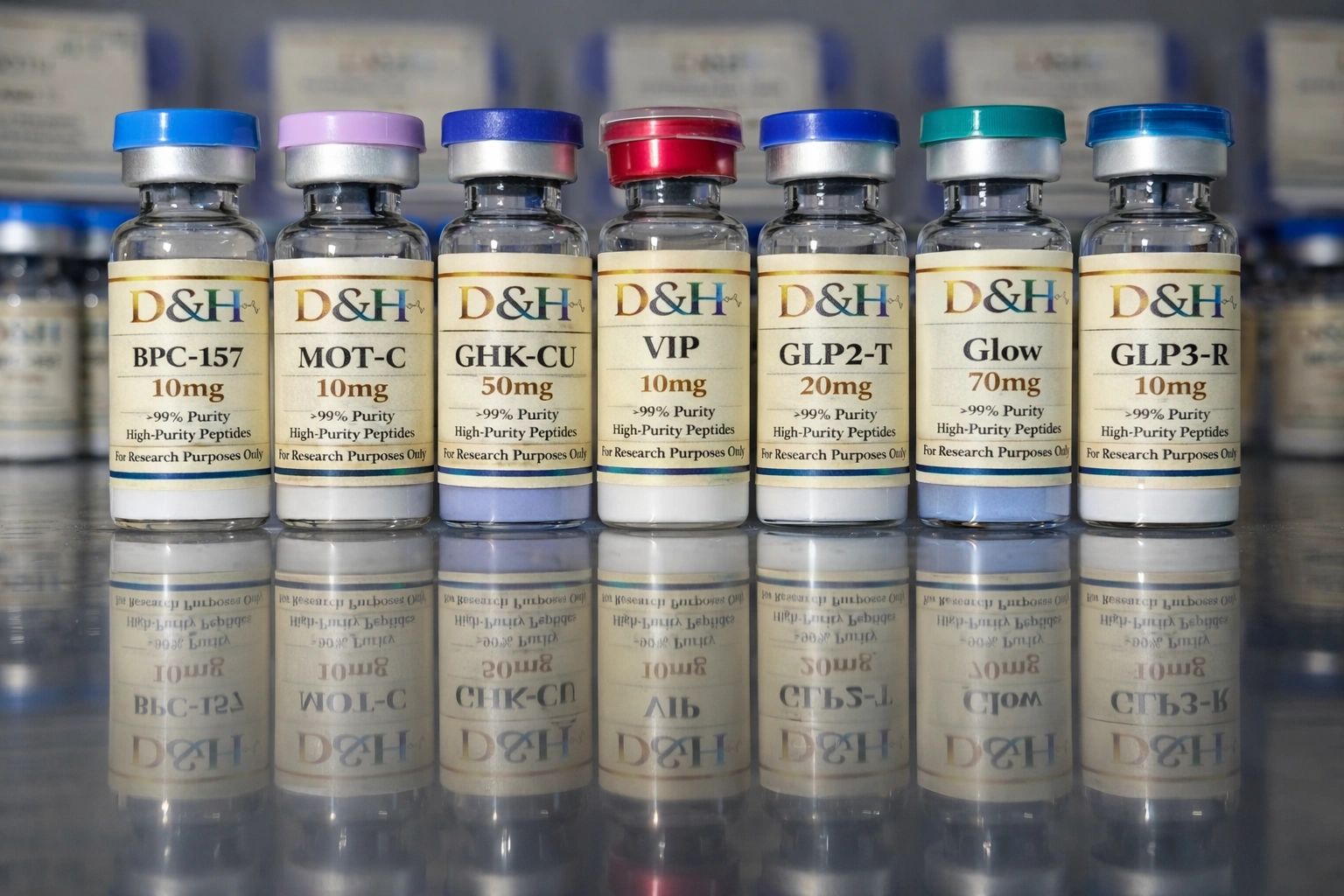 Seven D&H peptide vials lined up with different colored caps reflecting on a shiny surface.