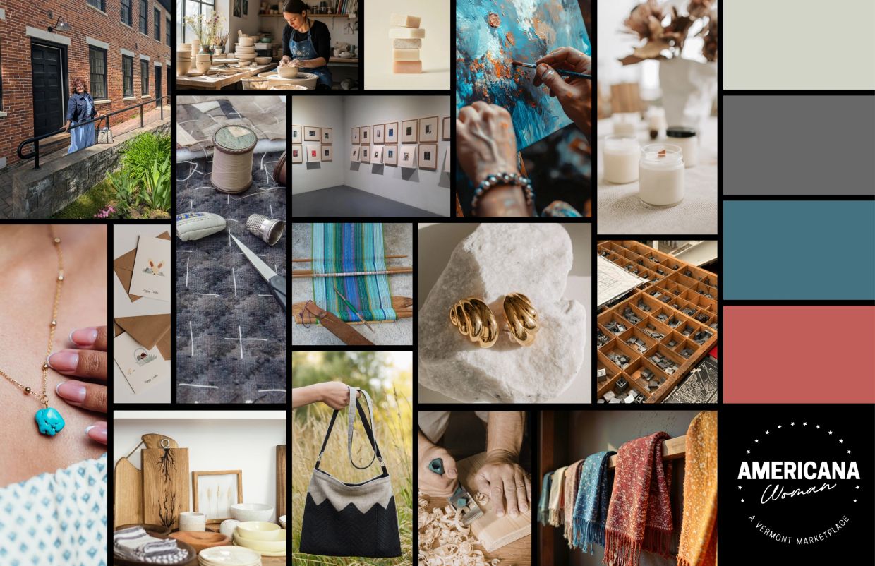 Collage showcasing handmade crafts and art from Americana Woman marketplace.