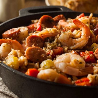 A flavorful dish with prawns and sausages