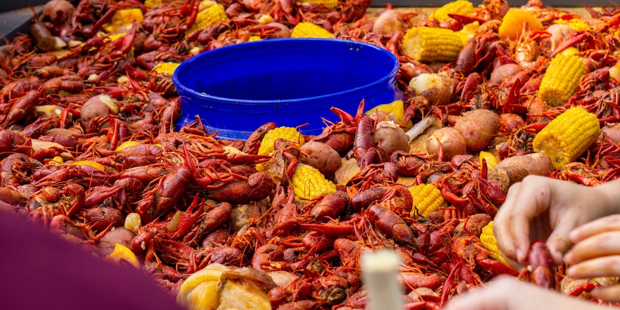 A long shot of cooked crabs and corn