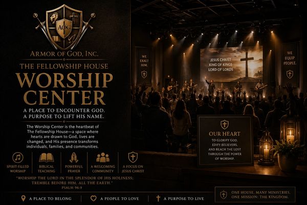 Worship service at Armor of God Worship Center with congregation and musicians.