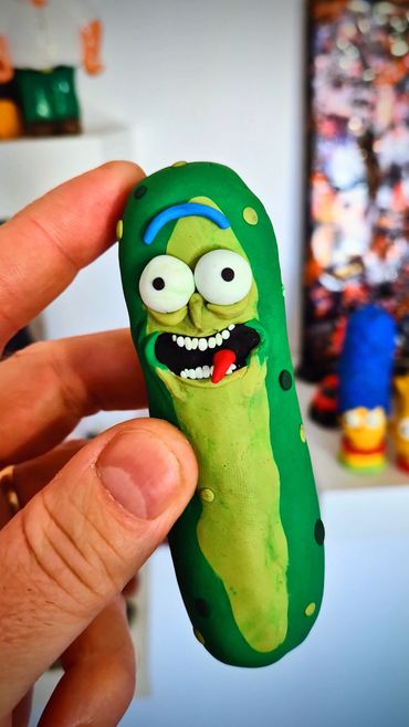 this is Pickle Rick made from Polymer clay for a birthday party activity in Newcastle upon tyne