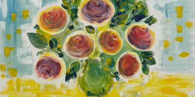 Colorful abstract painting of flowers in a green vase.