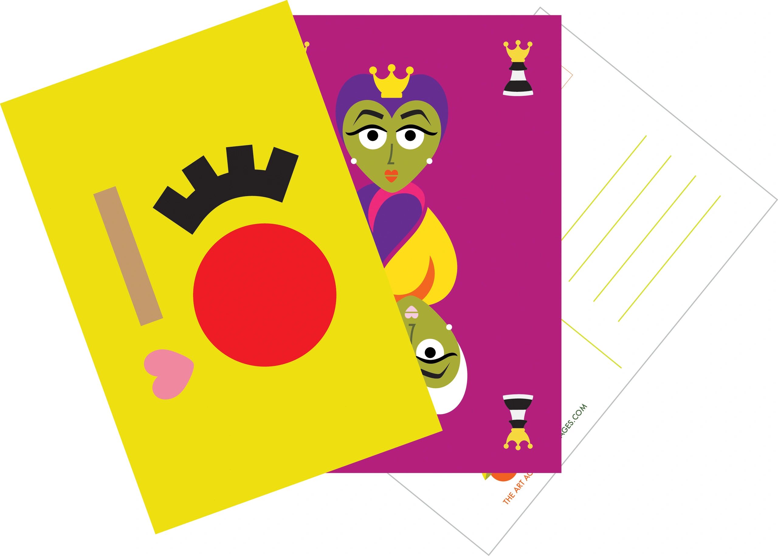 Colorful postcards with playful, stylized queen faces and bold graphic shapes.