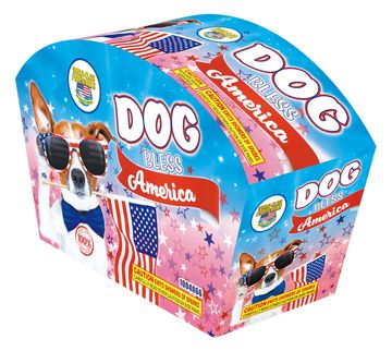Colorful dog treats packaging with patriotic American theme and a dog wearing sunglasses.