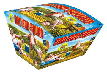 Colorful fireworks box labeled Dad Bod Squad with humorous dad images.