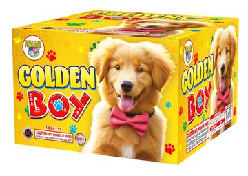 Bright packaging featuring a golden retriever puppy with a pink bow tie.