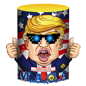 Caricature of Donald Trump with pixelated sunglasses and thumbs up on a patriotic background.