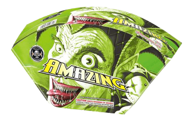 Colorful green packaging with a creepy face and the word 'AMAZING'.