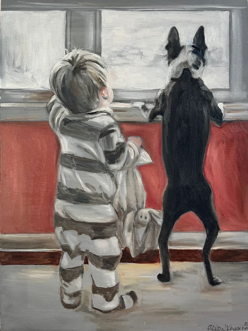 A painting of a baby boy standing next to his dog looking out the window.
