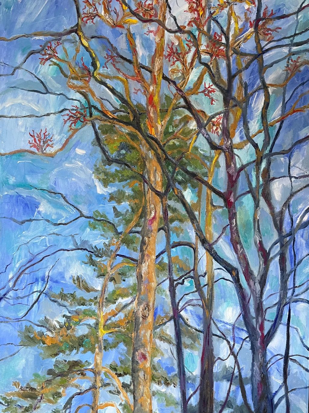 A painting of contours of branches in front of a blue sky.