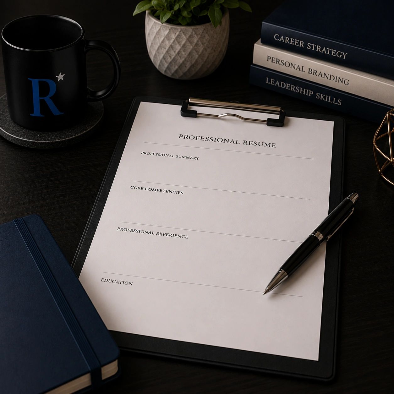 Blank professional resume on clipboard with pen and books.