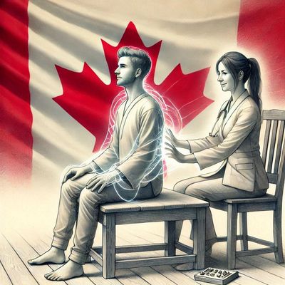 A Veteran sitting while a Reiki practitioner gives him a Reiki treatment. Three Fathom Harbour, NS.