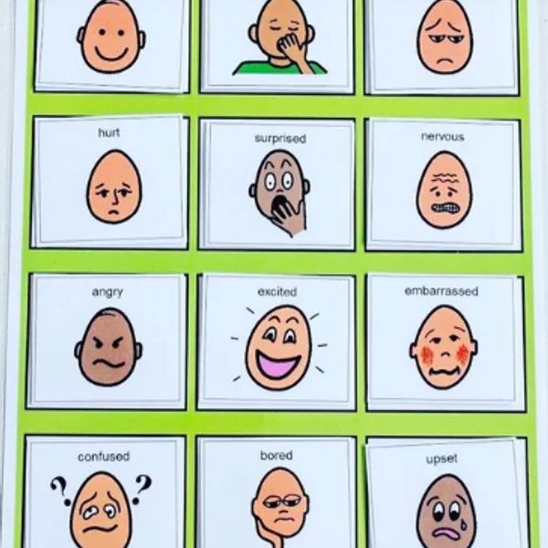 Illustrated faces showing various emotions like happy, hurt, nervous, and embarrassed.