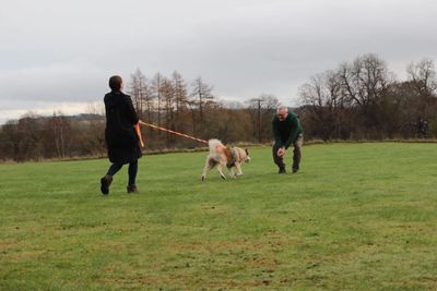 Two people and a dog playing in an open grassy field on a cloudy day.