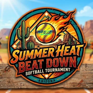 Logo of Summer Heat Beat Down softball tournament in Arizona with fiery softball and desert background.