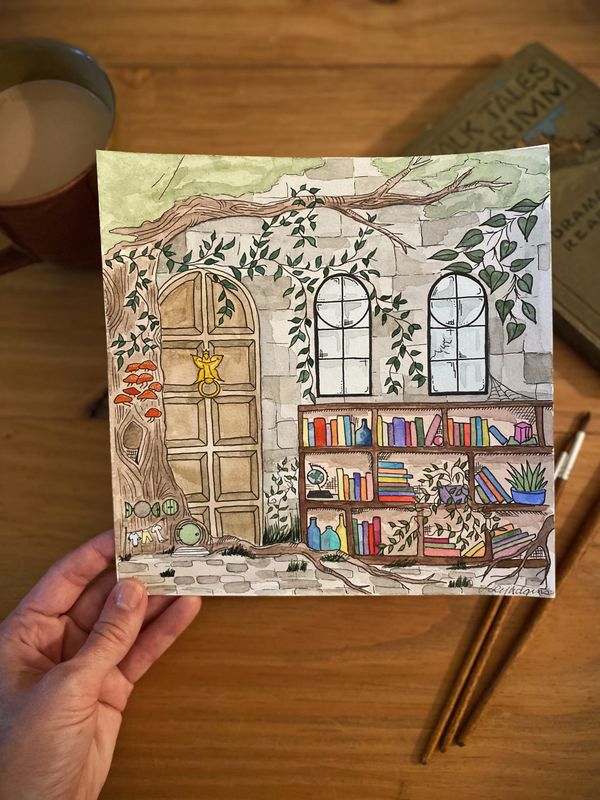 watercolor painting of a castle library