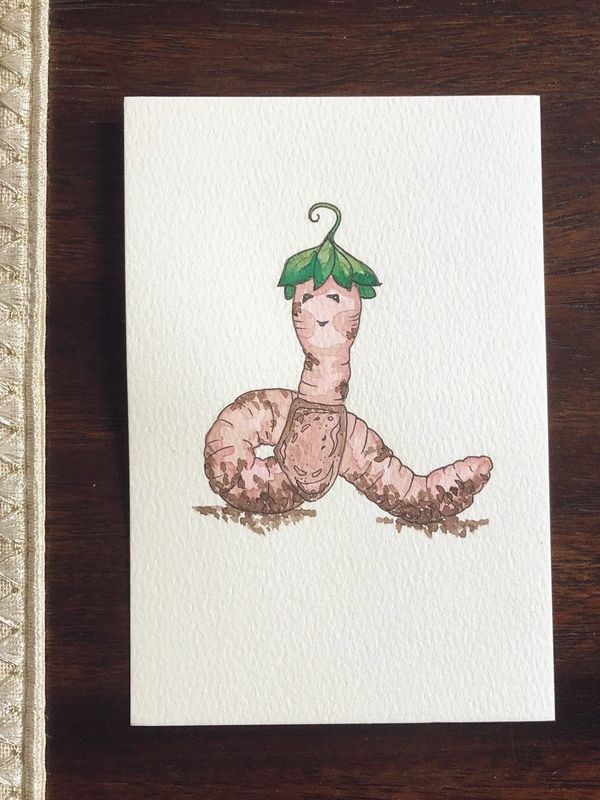 watercolor worm with a hat