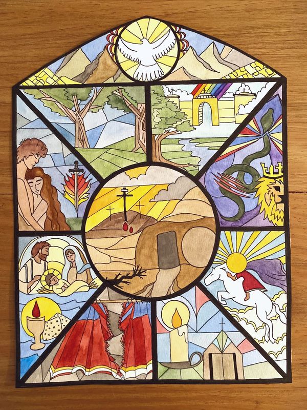 watercolor stained-glass of the biblical gospel