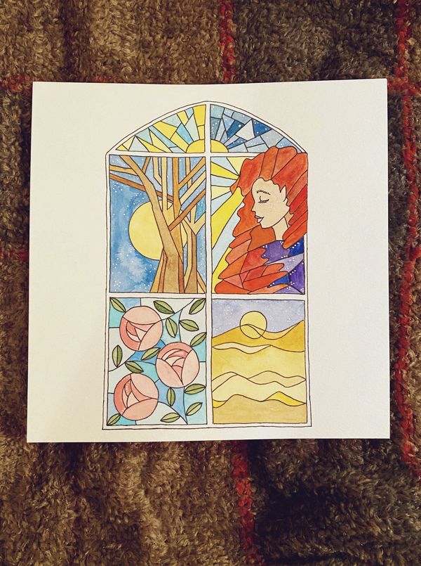 watercolor woman with red hair and nature