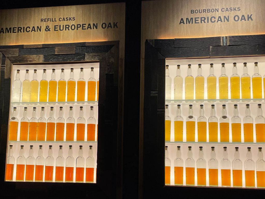Display at Glengoyne showing oak influence on color and loss to angel's share.