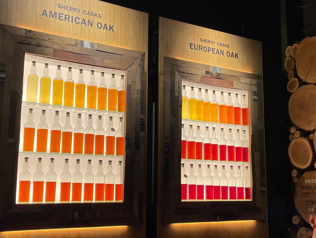 Display at Glengoyne showing oak influence on color and loss to angel's share.