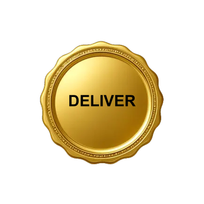 Golden badge with the word DELIVER.