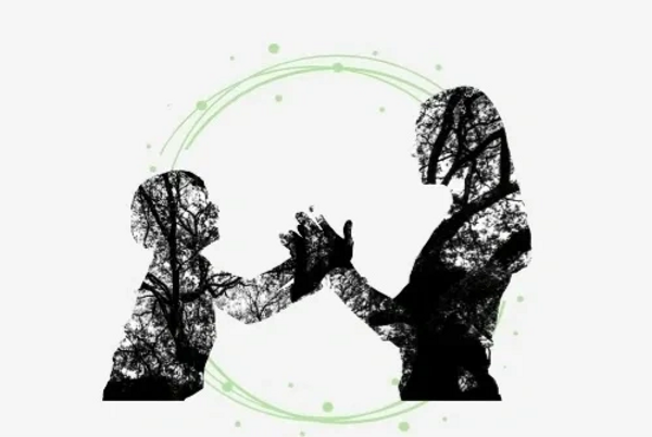 Play in mind logo. Silhouette of adult female and child facing each other.