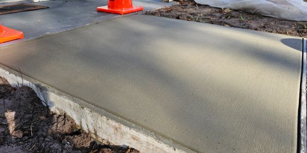 Freshly poured and smoothed concrete slab at a construction site.