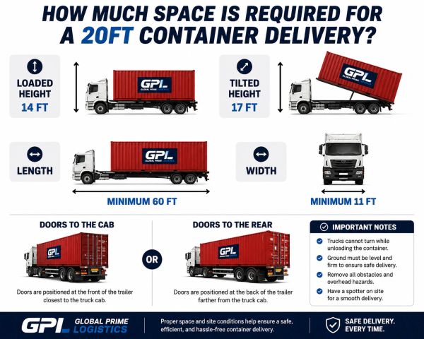 Space requirements for a 20ft container delivery with a truck.