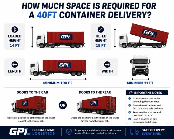 Space requirements for 40ft container delivery including dimensions and unloading notes.