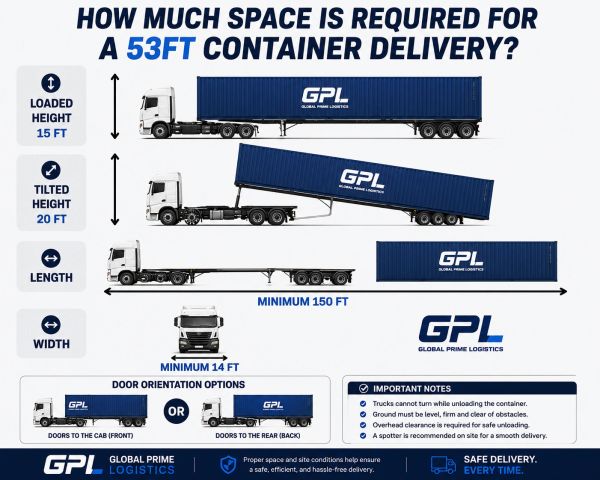 Space requirements for a 53ft container delivery with dimensions and notes.