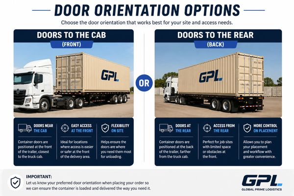 Diagram showing container door orientation options for truck loading.