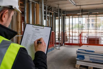 Construction worker conducting a site safety inspection with clipboard.